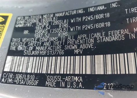 2015 Toyota Highlander Xle V6 from USA, damaged, VIN 5TDJKRFH9FS137766